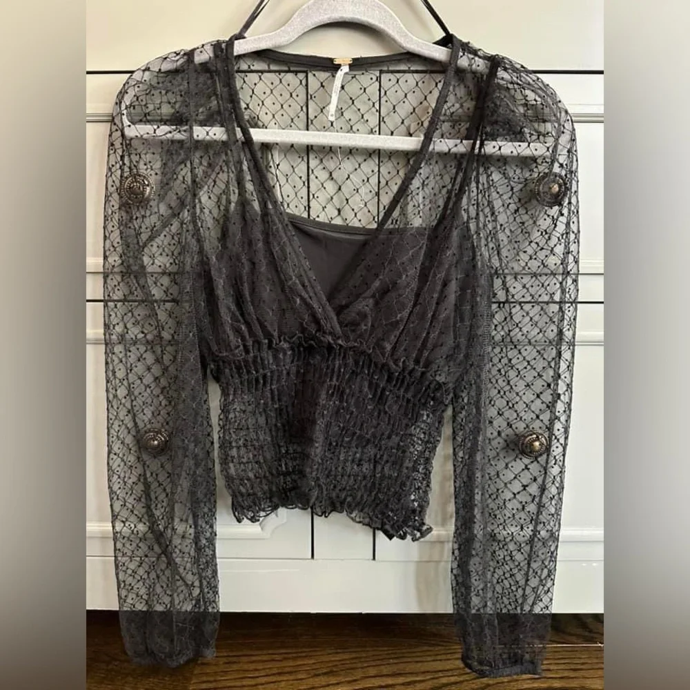 Free People Black Sheer Lace Puff Sleeve Crop Top